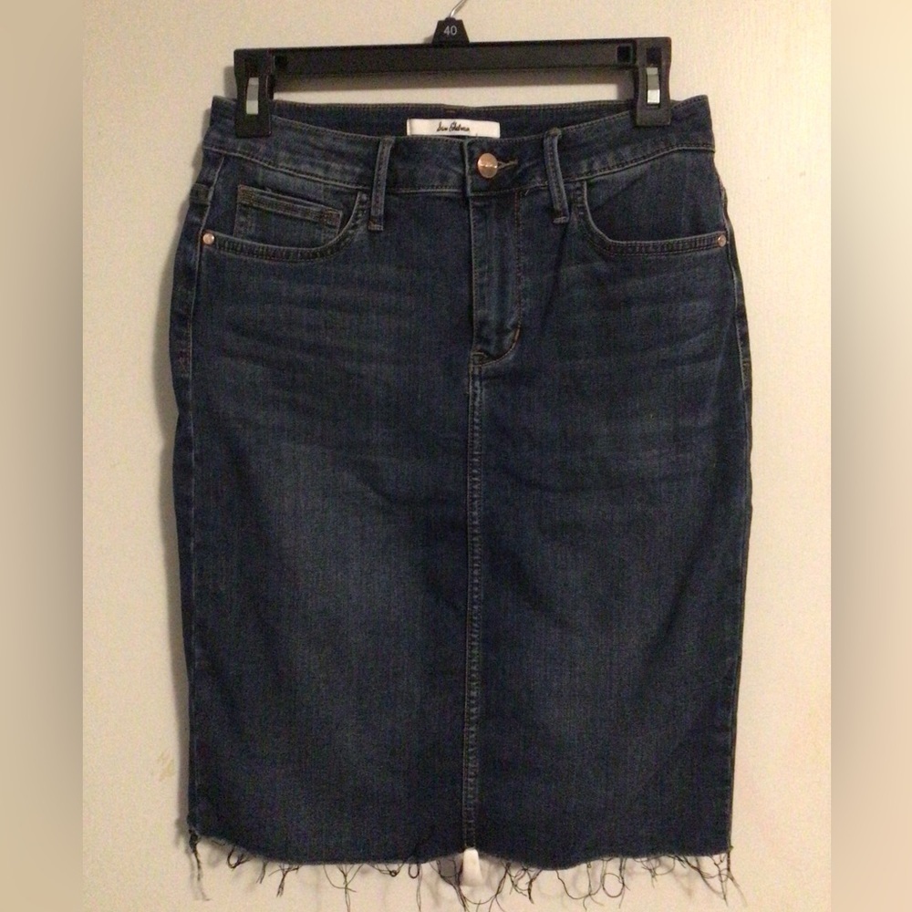 Sam Elderman the Riley pencil skirt size 27 back pockets raw hem dark denim